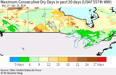 Canada Maximum Consecutive Dry Days in past 30 days (USAF 557th WW) 04/25/2024 Thematic Map For 4/21/2024 - 4/25/2024