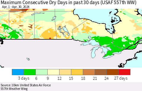 Canada Maximum Consecutive Dry Days in past 30 days (USAF 557th WW) 04/30/2024 Thematic Map For 4/26/2024 - 4/30/2024