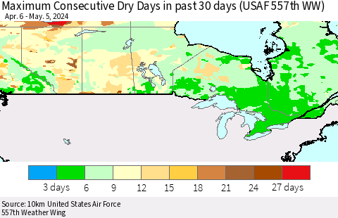 Canada Maximum Consecutive Dry Days in past 30 days (USAF 557th WW) 05/05/2024 Thematic Map For 5/1/2024 - 5/5/2024