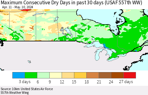 Canada Maximum Consecutive Dry Days in past 30 days (USAF 557th WW) 05/10/2024 Thematic Map For 5/6/2024 - 5/10/2024