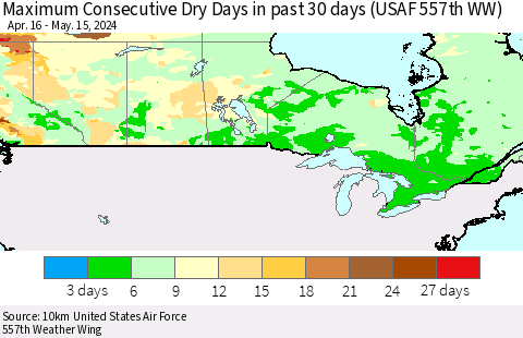 Canada Maximum Consecutive Dry Days in past 30 days (USAF 557th WW) 05/15/2024 Thematic Map For 5/11/2024 - 5/15/2024