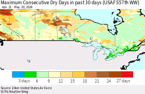 Canada Maximum Consecutive Dry Days in past 30 days (USAF 557th WW) 05/20/2024 Thematic Map For 5/16/2024 - 5/20/2024