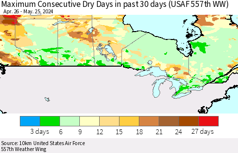 Canada Maximum Consecutive Dry Days in past 30 days (USAF 557th WW) 05/25/2024 Thematic Map For 5/21/2024 - 5/25/2024