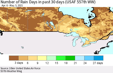Canada Number of Rain Days in past 30 days (USAF 557th WW) 05/05/2021 Thematic Map For 5/1/2021 - 5/5/2021