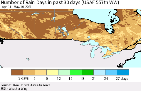 Canada Number of Rain Days in past 30 days (USAF 557th WW) 05/10/2021 Thematic Map For 5/6/2021 - 5/10/2021