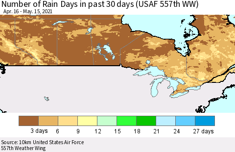 Canada Number of Rain Days in past 30 days (USAF 557th WW) 05/15/2021 Thematic Map For 5/11/2021 - 5/15/2021