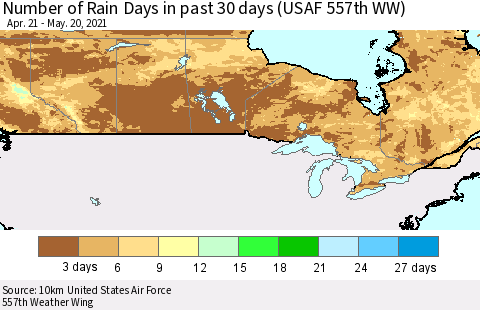 Canada Number of Rain Days in past 30 days (USAF 557th WW) 05/20/2021 Thematic Map For 5/16/2021 - 5/20/2021