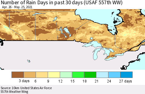 Canada Number of Rain Days in past 30 days (USAF 557th WW) 05/25/2021 Thematic Map For 5/21/2021 - 5/25/2021