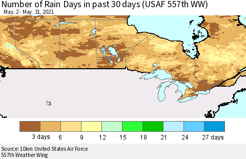 Canada Number of Rain Days in past 30 days (USAF 557th WW) 05/31/2021 Thematic Map For 5/26/2021 - 5/31/2021