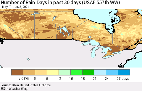 Canada Number of Rain Days in past 30 days (USAF 557th WW) 06/05/2021 Thematic Map For 6/1/2021 - 6/5/2021