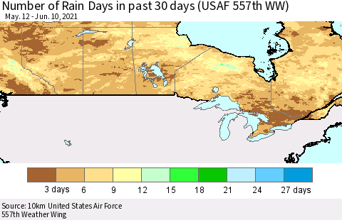 Canada Number of Rain Days in past 30 days (USAF 557th WW) 06/10/2021 Thematic Map For 6/6/2021 - 6/10/2021