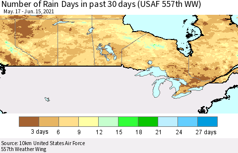 Canada Number of Rain Days in past 30 days (USAF 557th WW) 06/15/2021 Thematic Map For 6/11/2021 - 6/15/2021