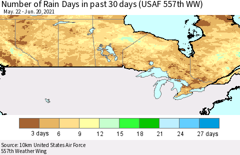 Canada Number of Rain Days in past 30 days (USAF 557th WW) 06/20/2021 Thematic Map For 6/16/2021 - 6/20/2021