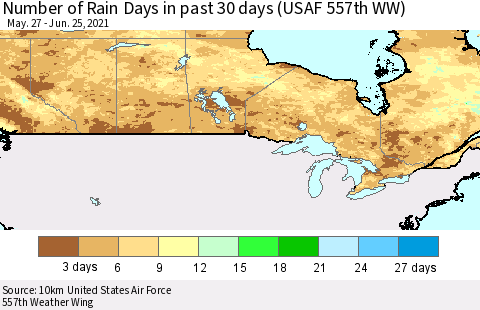 Canada Number of Rain Days in past 30 days (USAF 557th WW) 06/25/2021 Thematic Map For 6/21/2021 - 6/25/2021