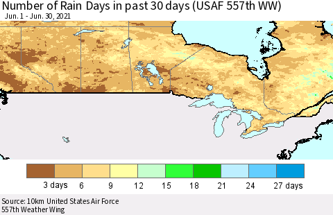 Canada Number of Rain Days in past 30 days (USAF 557th WW) 06/30/2021 Thematic Map For 6/26/2021 - 6/30/2021