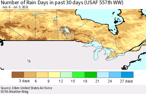 Canada Number of Rain Days in past 30 days (USAF 557th WW) 07/05/2021 Thematic Map For 7/1/2021 - 7/5/2021