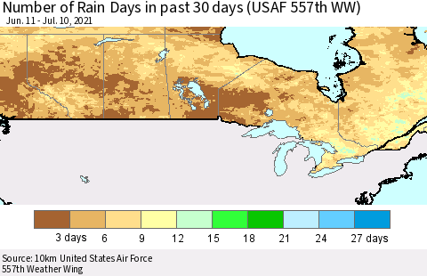 Canada Number of Rain Days in past 30 days (USAF 557th WW) 07/10/2021 Thematic Map For 7/6/2021 - 7/10/2021