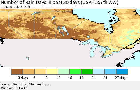 Canada Number of Rain Days in past 30 days (USAF 557th WW) 07/15/2021 Thematic Map For 7/11/2021 - 7/15/2021