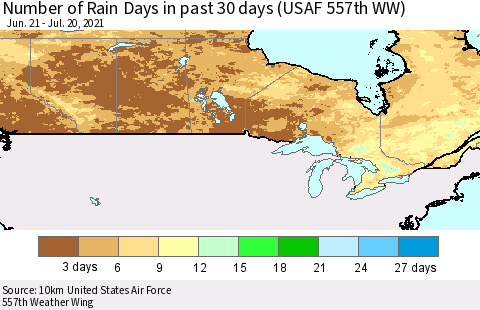 Canada Number of Rain Days in past 30 days (USAF 557th WW) 07/20/2021 Thematic Map For 7/16/2021 - 7/20/2021