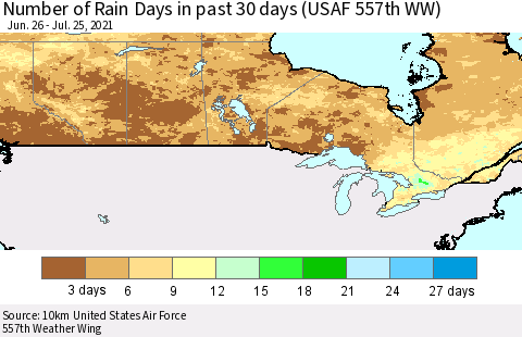 Canada Number of Rain Days in past 30 days (USAF 557th WW) 07/25/2021 Thematic Map For 7/21/2021 - 7/25/2021