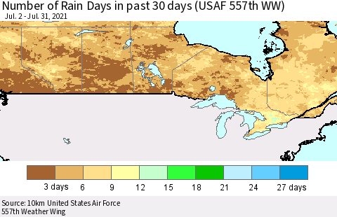 Canada Number of Rain Days in past 30 days (USAF 557th WW) 07/31/2021 Thematic Map For 7/26/2021 - 7/31/2021