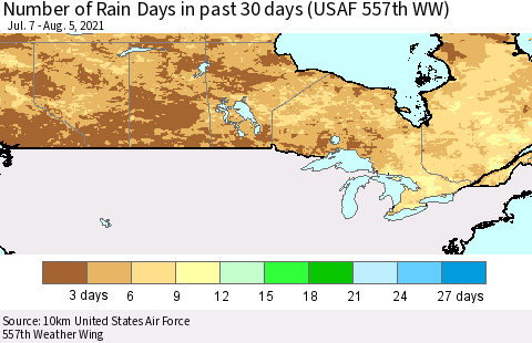 Canada Number of Rain Days in past 30 days (USAF 557th WW) 08/05/2021 Thematic Map For 8/1/2021 - 8/5/2021