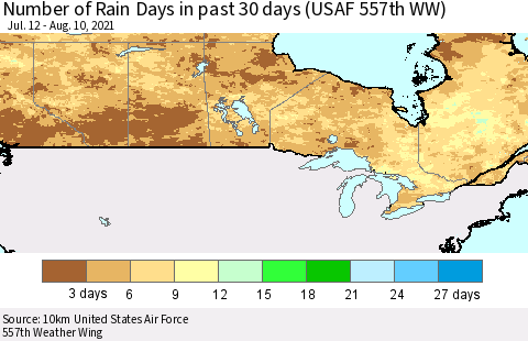 Canada Number of Rain Days in past 30 days (USAF 557th WW) 08/10/2021 Thematic Map For 8/6/2021 - 8/10/2021