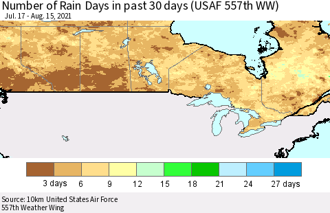 Canada Number of Rain Days in past 30 days (USAF 557th WW) 08/15/2021 Thematic Map For 8/11/2021 - 8/15/2021