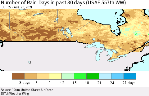 Canada Number of Rain Days in past 30 days (USAF 557th WW) 08/20/2021 Thematic Map For 8/16/2021 - 8/20/2021