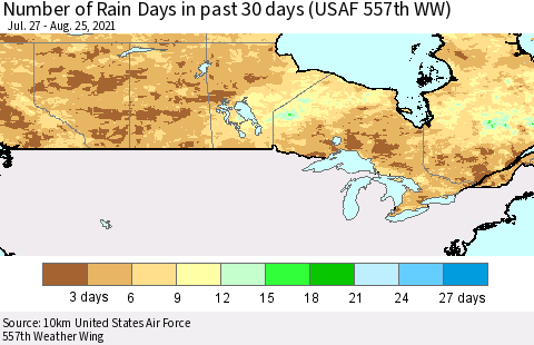Canada Number of Rain Days in past 30 days (USAF 557th WW) 08/25/2021 Thematic Map For 8/21/2021 - 8/25/2021