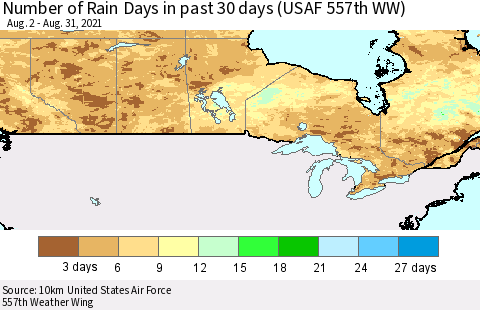 Canada Number of Rain Days in past 30 days (USAF 557th WW) 08/31/2021 Thematic Map For 8/26/2021 - 8/31/2021