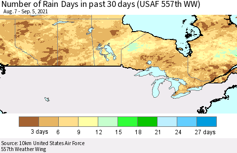 Canada Number of Rain Days in past 30 days (USAF 557th WW) 09/05/2021 Thematic Map For 9/1/2021 - 9/5/2021