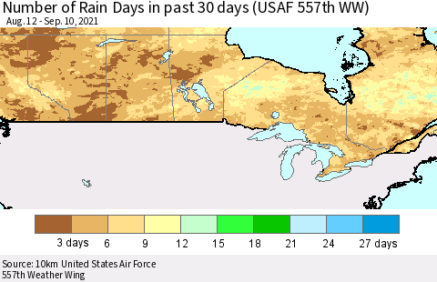 Canada Number of Rain Days in past 30 days (USAF 557th WW) 09/10/2021 Thematic Map For 9/6/2021 - 9/10/2021