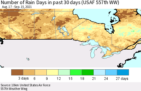 Canada Number of Rain Days in past 30 days (USAF 557th WW) 09/15/2021 Thematic Map For 9/11/2021 - 9/15/2021