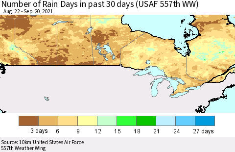 Canada Number of Rain Days in past 30 days (USAF 557th WW) 09/20/2021 Thematic Map For 9/16/2021 - 9/20/2021