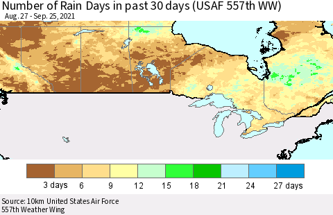 Canada Number of Rain Days in past 30 days (USAF 557th WW) 09/25/2021 Thematic Map For 9/21/2021 - 9/25/2021