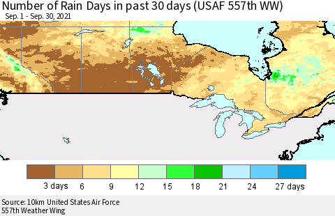 Canada Number of Rain Days in past 30 days (USAF 557th WW) 09/30/2021 Thematic Map For 9/26/2021 - 9/30/2021