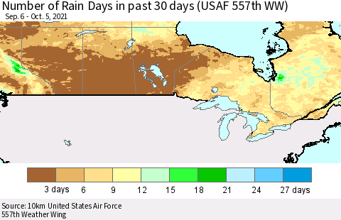 Canada Number of Rain Days in past 30 days (USAF 557th WW) 10/05/2021 Thematic Map For 10/1/2021 - 10/5/2021