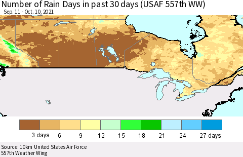 Canada Number of Rain Days in past 30 days (USAF 557th WW) 10/10/2021 Thematic Map For 10/6/2021 - 10/10/2021