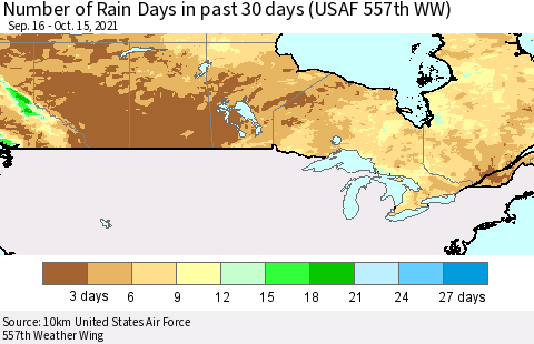 Canada Number of Rain Days in past 30 days (USAF 557th WW) 10/15/2021 Thematic Map For 10/11/2021 - 10/15/2021