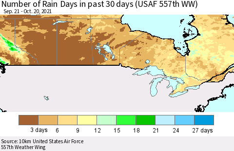 Canada Number of Rain Days in past 30 days (USAF 557th WW) 10/20/2021 Thematic Map For 10/16/2021 - 10/20/2021