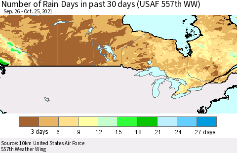 Canada Number of Rain Days in past 30 days (USAF 557th WW) 10/25/2021 Thematic Map For 10/21/2021 - 10/25/2021