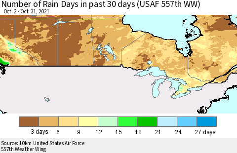 Canada Number of Rain Days in past 30 days (USAF 557th WW) 10/31/2021 Thematic Map For 10/26/2021 - 10/31/2021