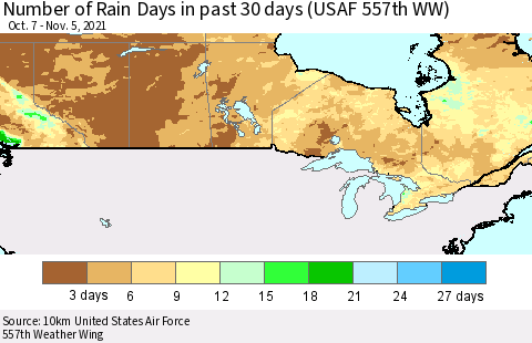 Canada Number of Rain Days in past 30 days (USAF 557th WW) 11/05/2021 Thematic Map For 11/1/2021 - 11/5/2021