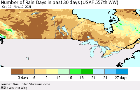 Canada Number of Rain Days in past 30 days (USAF 557th WW) 11/10/2021 Thematic Map For 11/6/2021 - 11/10/2021