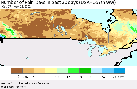 Canada Number of Rain Days in past 30 days (USAF 557th WW) 11/15/2021 Thematic Map For 11/11/2021 - 11/15/2021