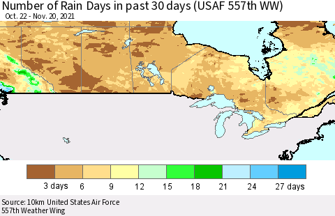 Canada Number of Rain Days in past 30 days (USAF 557th WW) 11/20/2021 Thematic Map For 11/16/2021 - 11/20/2021