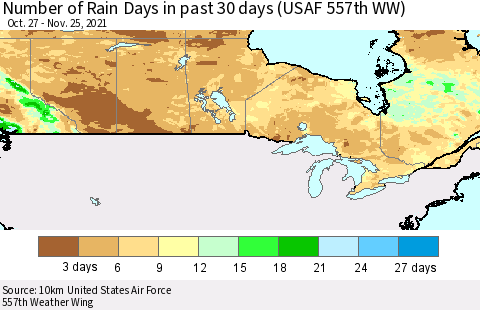 Canada Number of Rain Days in past 30 days (USAF 557th WW) 11/25/2021 Thematic Map For 11/21/2021 - 11/25/2021