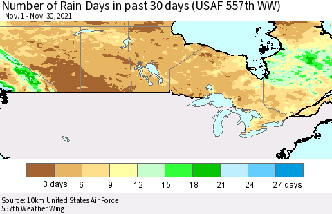Canada Number of Rain Days in past 30 days (USAF 557th WW) 11/30/2021 Thematic Map For 11/26/2021 - 11/30/2021