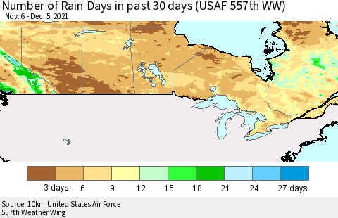 Canada Number of Rain Days in past 30 days (USAF 557th WW) 12/05/2021 Thematic Map For 12/1/2021 - 12/5/2021